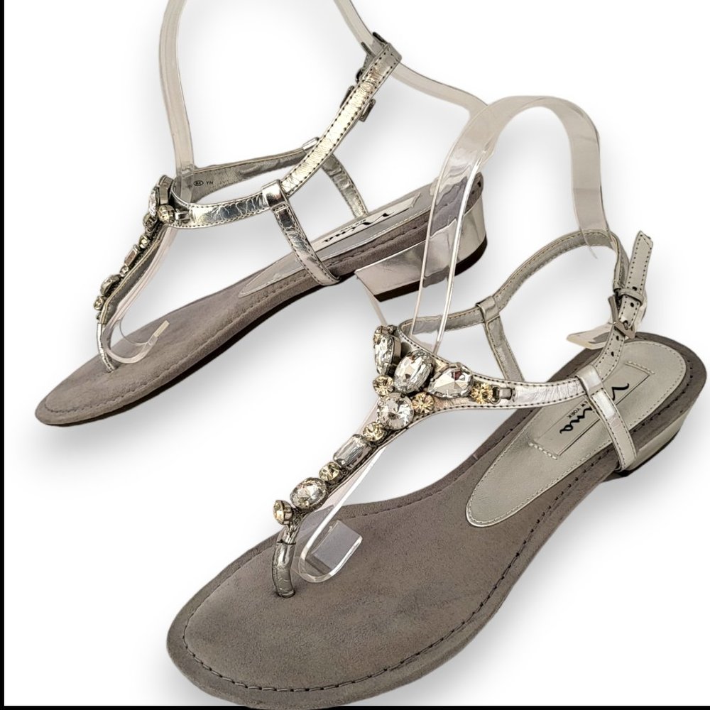 Nina Metallic Silver Crystal Gem Bling Thong Slingback Flat sandel US8 - Picture 5 of 10